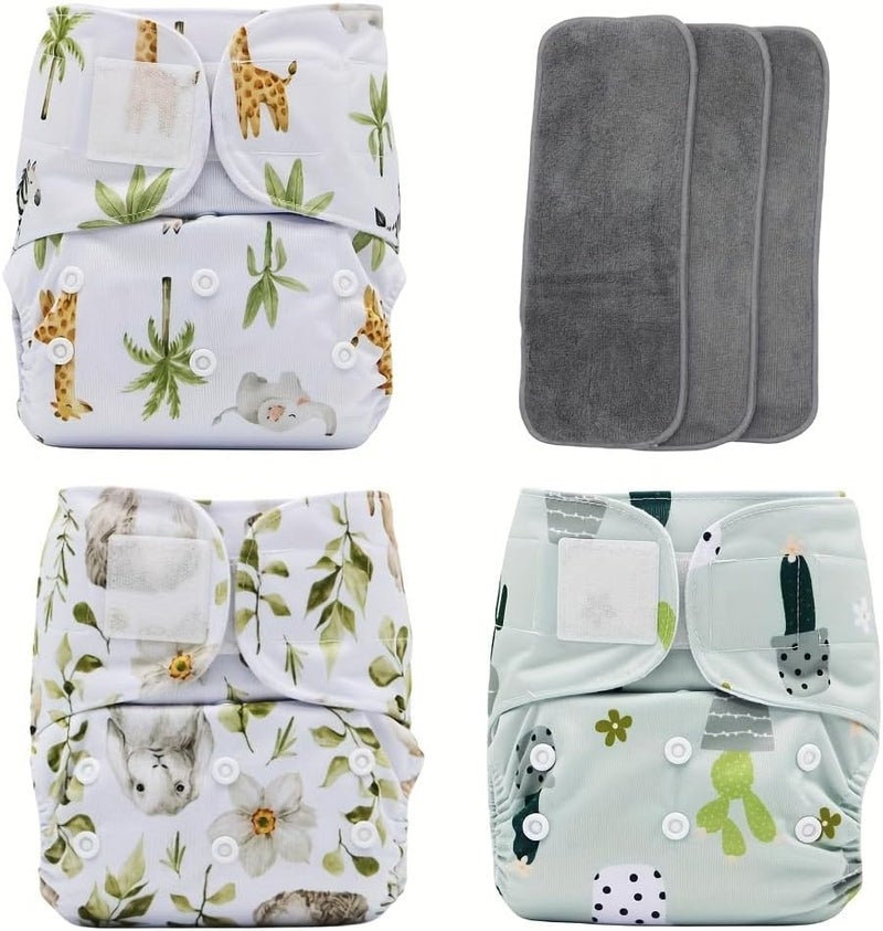 Asenappy 3 pcs Hook and Loop Fasteners Design Baby Reusable Cloth Diapers with 3 Microfier Inserts Animals Prints - Image 1