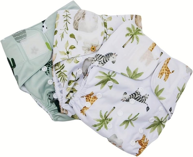 Asenappy 3 pcs Hook and Loop Fasteners Design Baby Reusable Cloth Diapers with 3 Microfier Inserts Animals Prints - Image 4