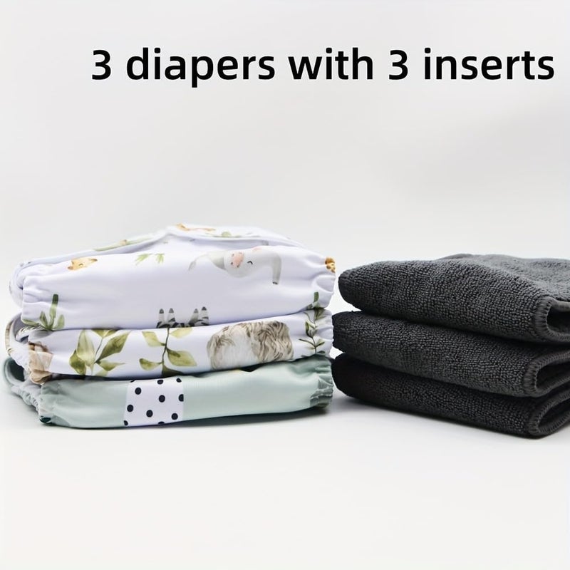 Asenappy 3 pcs Hook and Loop Fasteners Design Baby Reusable Cloth Diapers with 3 Microfier Inserts Animals Prints - Image 2