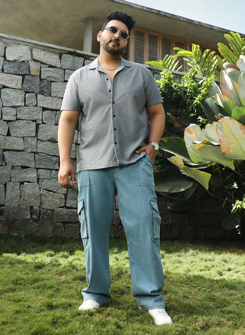 Instafab Plus Instafab Plus Men's Moon Grey Honeycomb Woven Shirt For Casual Wear | Cuban Collar | Short Regular Sleeves | Button Closure | Plus Size Shirt Crafted With Comfort Fit For Everyday Wear