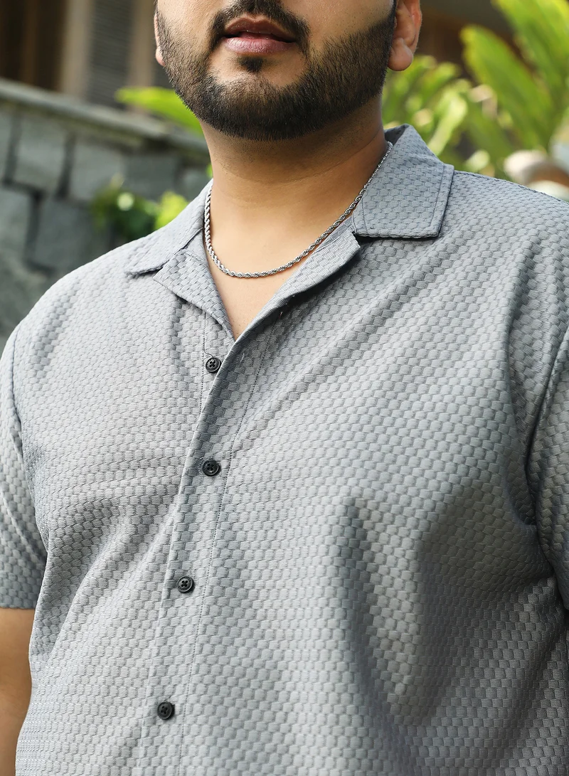 Instafab Plus Instafab Plus Men's Moon Grey Honeycomb Woven Shirt For Casual Wear | Cuban Collar | Short Regular Sleeves | Button Closure | Plus Size Shirt Crafted With Comfort Fit For Everyday Wear