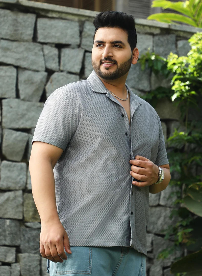 Instafab Plus Instafab Plus Men's Moon Grey Honeycomb Woven Shirt For Casual Wear | Cuban Collar | Short Regular Sleeves | Button Closure | Plus Size Shirt Crafted With Comfort Fit For Everyday Wear