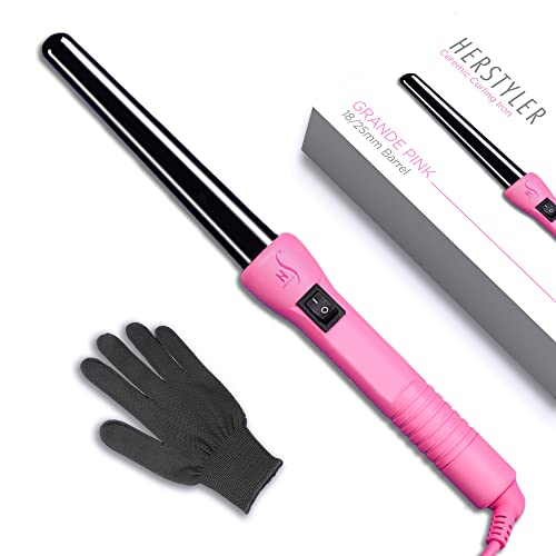 HerStyler Grande Ceramic Curling Iron - 1 inch, Pink (Curling Wand for Long Short Hair, Dual Voltage, Negative Ions, Tapered Barrel, User Friendly, PF30) - Image 1