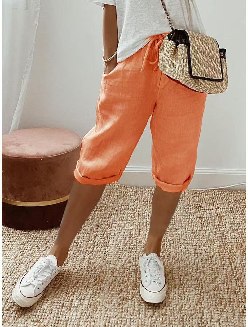 Women's Cotton Linen Mid-Rise Casual Capri Pants with Pockets - Loose Fit, Commuter Style, Spring 2023