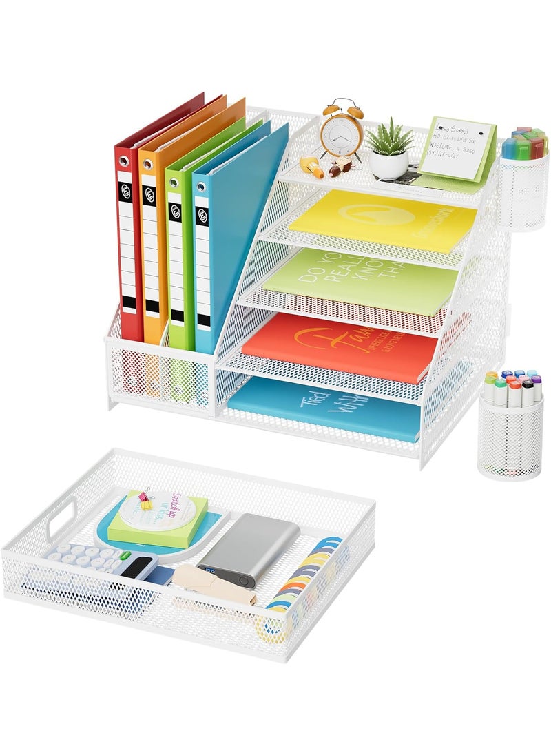Marbrasse Marbrasse Desk Organizer with File Holder 5Tier Paper Letter Tray Organizer with Drawer and 2 Pen HolderMesh Desk Organizers and AccessoriesDesktop Organizer and Storage for Office SuppliesWhite  - Image 2