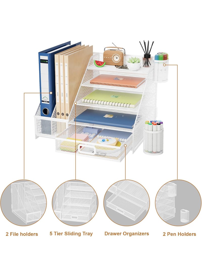 Marbrasse Marbrasse Desk Organizer with File Holder 5Tier Paper Letter Tray Organizer with Drawer and 2 Pen HolderMesh Desk Organizers and AccessoriesDesktop Organizer and Storage for Office SuppliesWhite  - Image 4