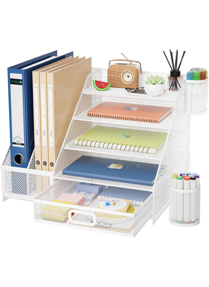 Marbrasse Marbrasse Desk Organizer with File Holder 5Tier Paper Letter Tray Organizer with Drawer and 2 Pen HolderMesh Desk Organizers and AccessoriesDesktop Organizer and Storage for Office SuppliesWhite  - Image 1