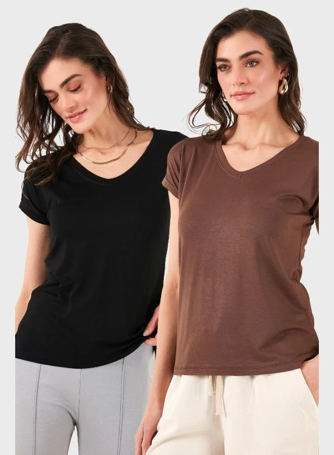 Lela Lela V-Neck Relaxed Fit Blouse with Slit Detail, 2-Pack, Women's Blouse 5862000S2