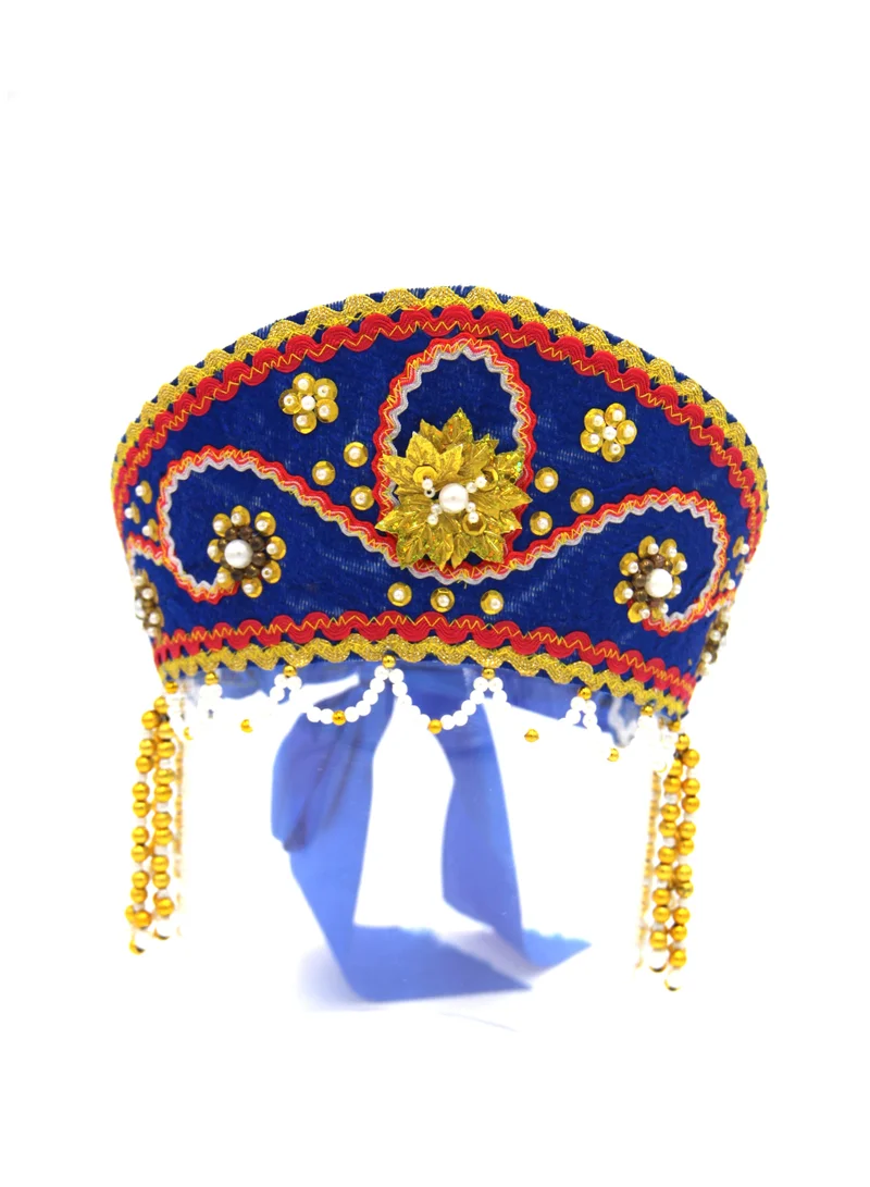 D'Daniela D' Daniela - Women's Traditional Headdress Kokoshnik - Blue with Red braid and Gold beads