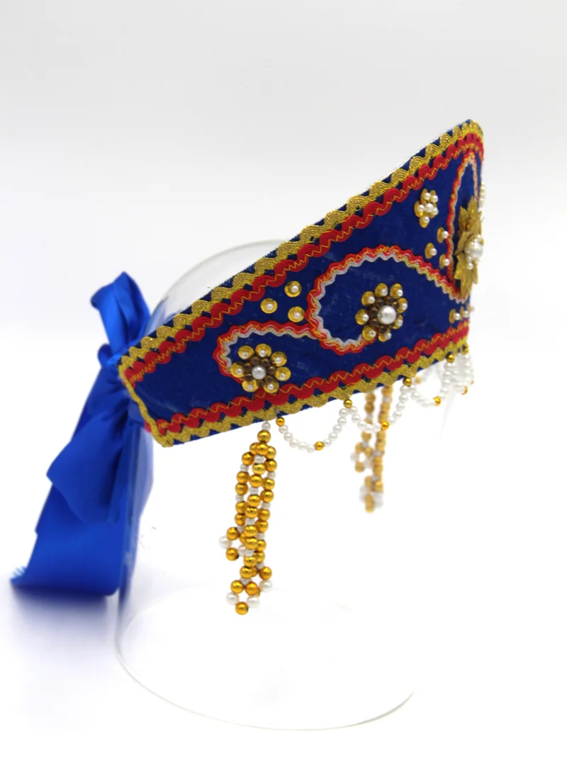 D'Daniela D' Daniela - Women's Traditional Headdress Kokoshnik - Blue with Red braid and Gold beads