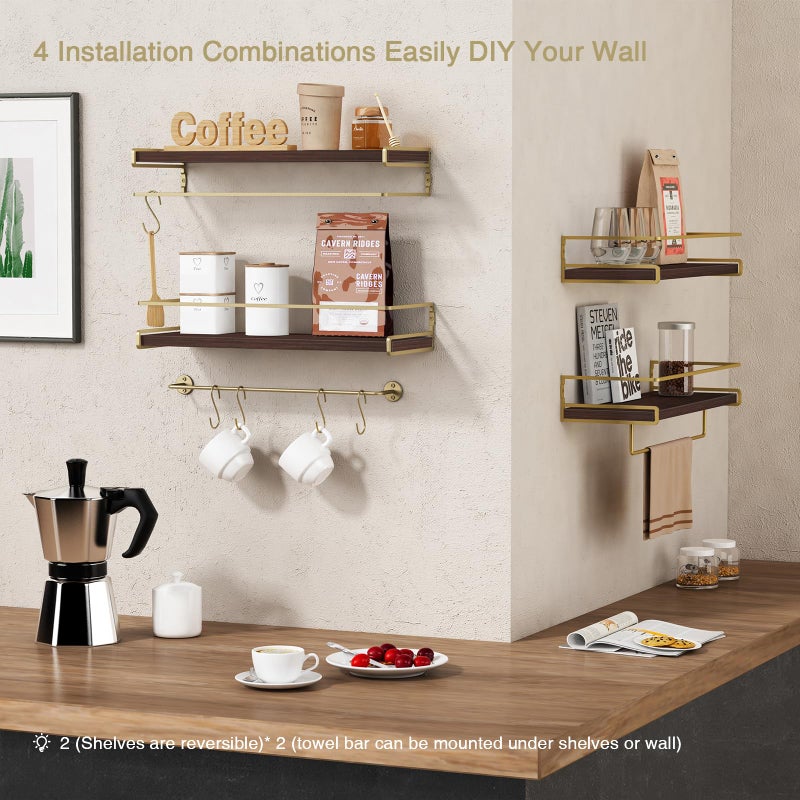 Forbena Floating Shelves Bathroom Shelves Over Toilet Set of 2, Bathroom Wall Shelves with Towel Bar, Wall Mounted Vanity Shelf for Bedroom, Kids Room, Kitchen (Brown & Gold) - Image 3