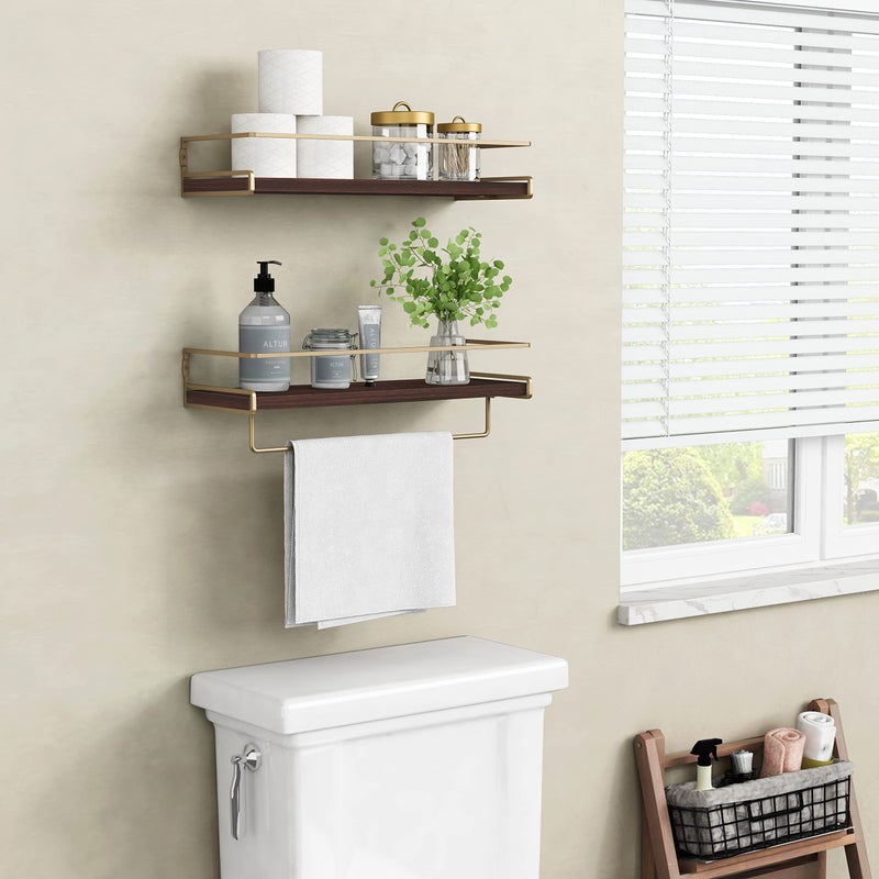 Forbena Floating Shelves Bathroom Shelves Over Toilet Set of 2, Bathroom Wall Shelves with Towel Bar, Wall Mounted Vanity Shelf for Bedroom, Kids Room, Kitchen (Brown & Gold) - Image 4
