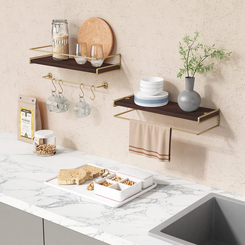 Forbena Floating Shelves Bathroom Shelves Over Toilet Set of 2, Bathroom Wall Shelves with Towel Bar, Wall Mounted Vanity Shelf for Bedroom, Kids Room, Kitchen (Brown & Gold) - Image 2