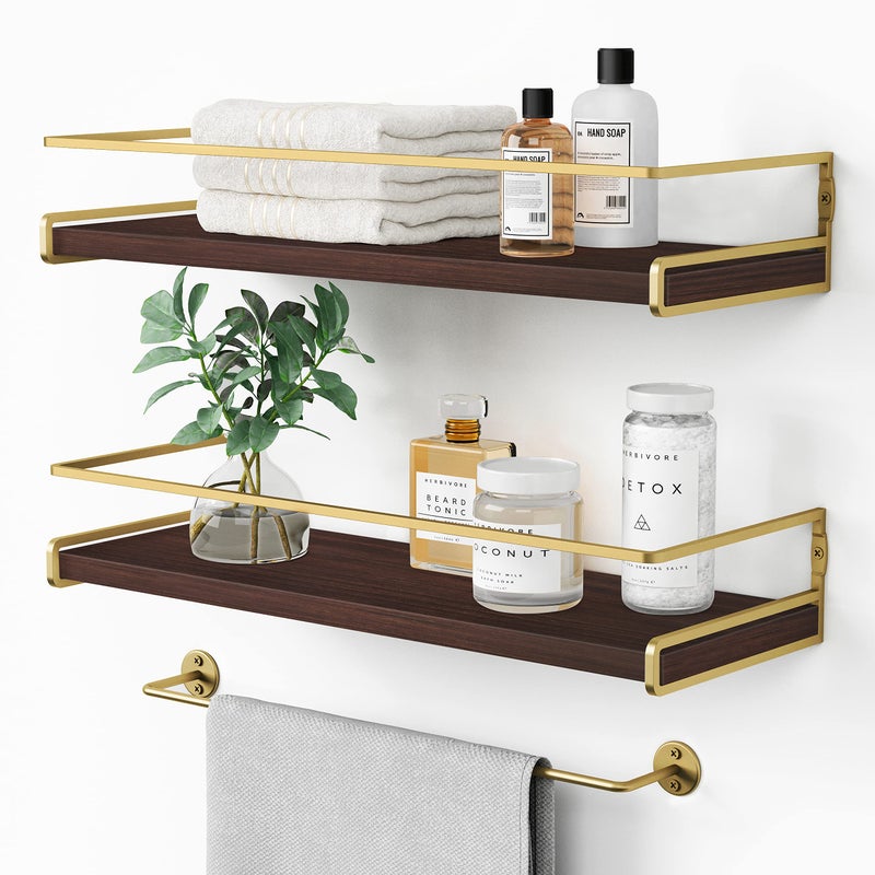 Forbena Floating Shelves Bathroom Shelves Over Toilet Set of 2, Bathroom Wall Shelves with Towel Bar, Wall Mounted Vanity Shelf for Bedroom, Kids Room, Kitchen (Brown & Gold) - Image 1