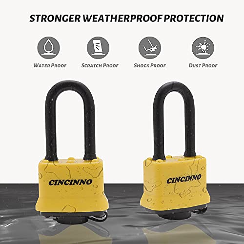 CINCINNO 4 Pack Heavy Duty Covered Laminated Steel Padlocks Keyed Alike, Weatherproof Padlocks with 1-9/16 in. Wide Body, Long Shackle for Gate, Shed, Storage Locker Lock - Image 4