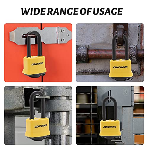 CINCINNO 4 Pack Heavy Duty Covered Laminated Steel Padlocks Keyed Alike, Weatherproof Padlocks with 1-9/16 in. Wide Body, Long Shackle for Gate, Shed, Storage Locker Lock - Image 5