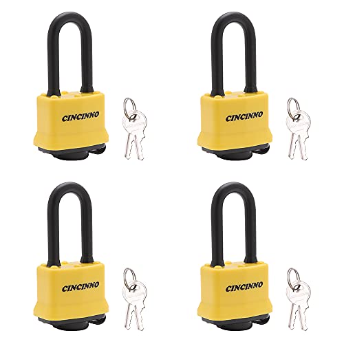 CINCINNO 4 Pack Heavy Duty Covered Laminated Steel Padlocks Keyed Alike, Weatherproof Padlocks with 1-9/16 in. Wide Body, Long Shackle for Gate, Shed, Storage Locker Lock - Image 1