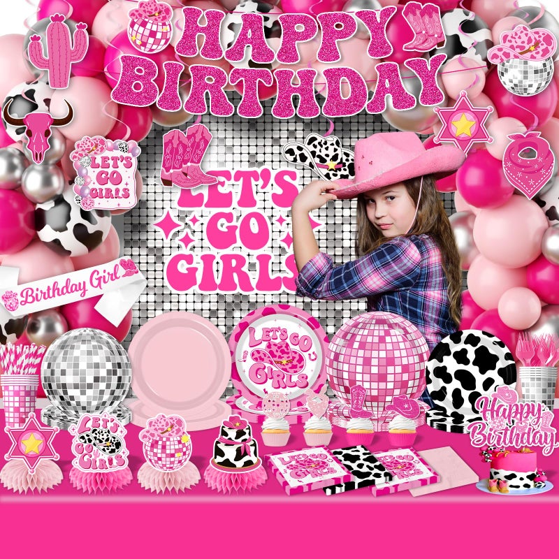 YTGUVBK Cowgirl Birthday Party Decorations,275Pcs Disco Cowgirl Party Decorations with Cowgirl Balloon Arch,Lets Go Girls Backdrop,Tableware Banner Tablecloth for Western Cowgirl Last Rodeo Bachelorette Decor - Image 3
