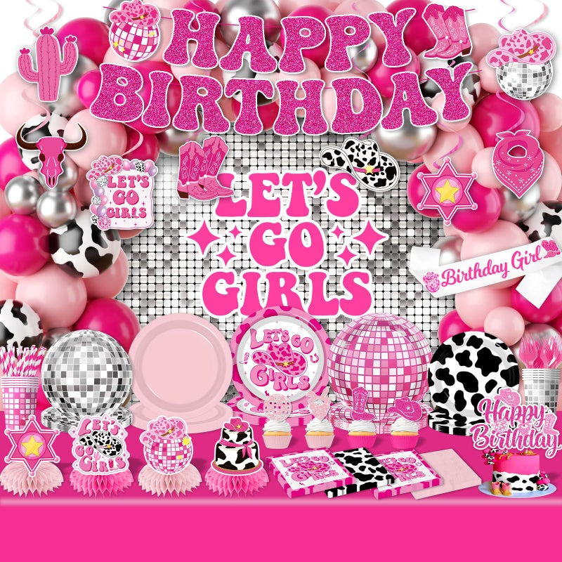 YTGUVBK Cowgirl Birthday Party Decorations,275Pcs Disco Cowgirl Party Decorations with Cowgirl Balloon Arch,Lets Go Girls Backdrop,Tableware Banner Tablecloth for Western Cowgirl Last Rodeo Bachelorette Decor - Image 1