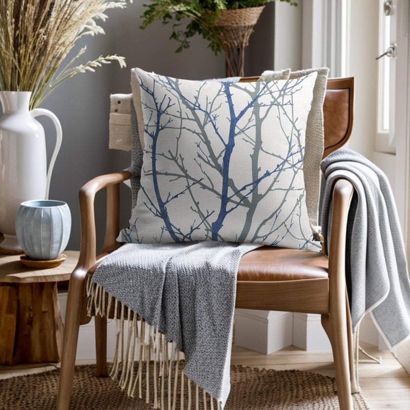 aportt Navy Blue Gray Tree Pillow Covers 18x18 Inch Grey Blue Branch Print Decorative Pillow Cases Blue White Nature Plant Throw Pillows Set of 2 Seasonal Modern Farmhouse Home Decor For Sofa Couch Outdoor - Image 2