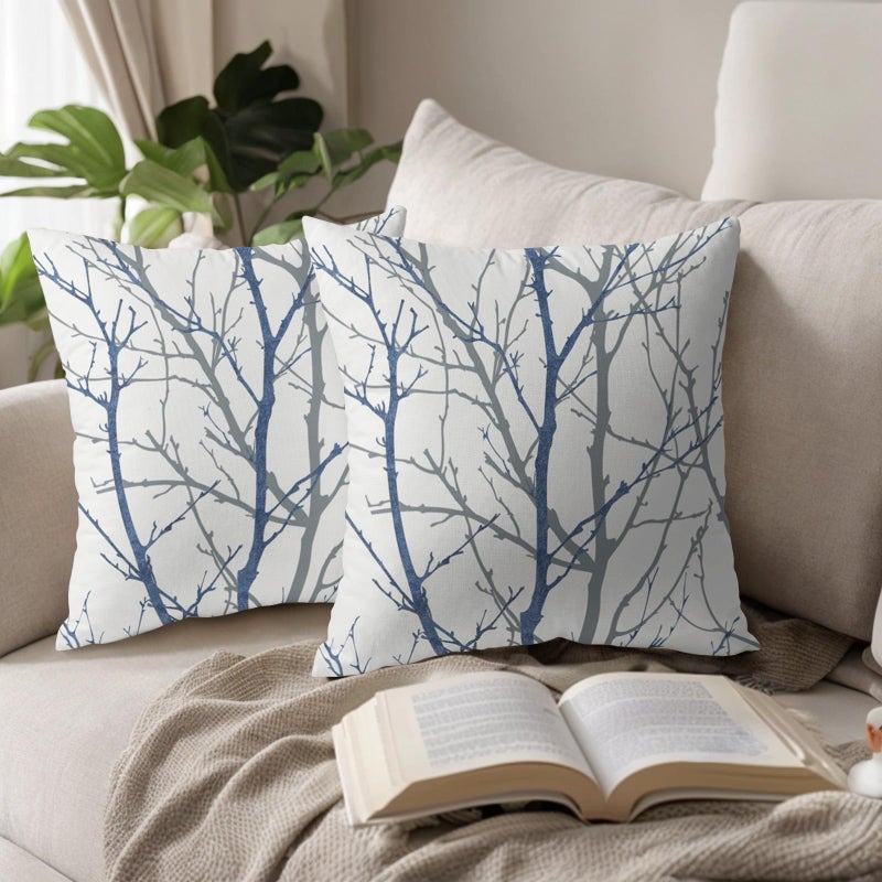 aportt Navy Blue Gray Tree Pillow Covers 18x18 Inch Grey Blue Branch Print Decorative Pillow Cases Blue White Nature Plant Throw Pillows Set of 2 Seasonal Modern Farmhouse Home Decor For Sofa Couch Outdoor - Image 5