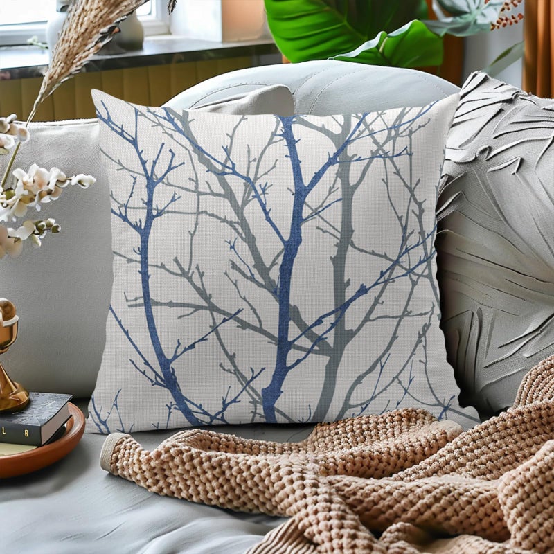 aportt Navy Blue Gray Tree Pillow Covers 18x18 Inch Grey Blue Branch Print Decorative Pillow Cases Blue White Nature Plant Throw Pillows Set of 2 Seasonal Modern Farmhouse Home Decor For Sofa Couch Outdoor - Image 3