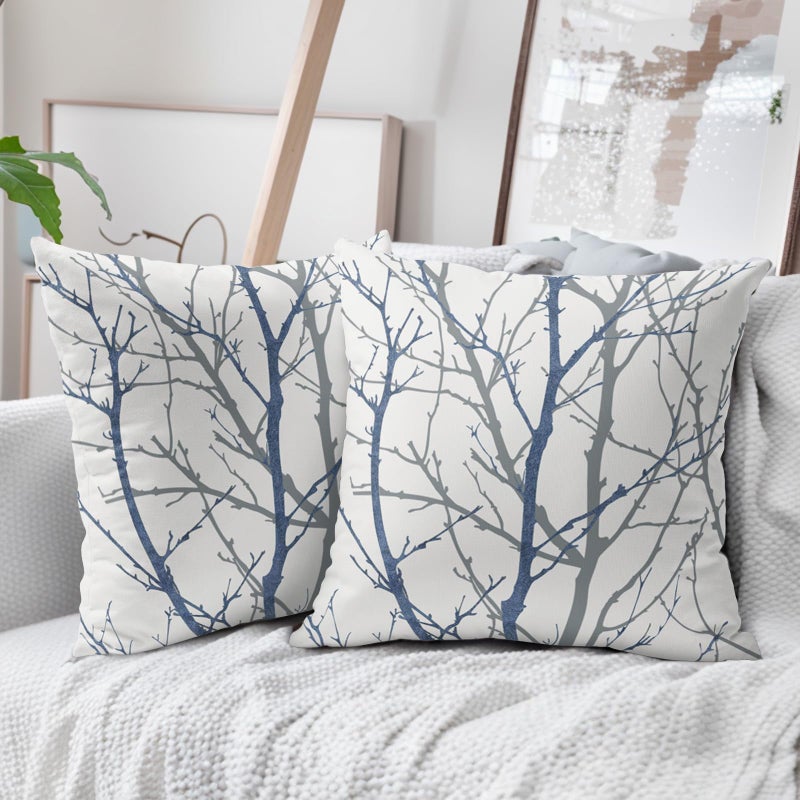 aportt Navy Blue Gray Tree Pillow Covers 18x18 Inch Grey Blue Branch Print Decorative Pillow Cases Blue White Nature Plant Throw Pillows Set of 2 Seasonal Modern Farmhouse Home Decor For Sofa Couch Outdoor - Image 4