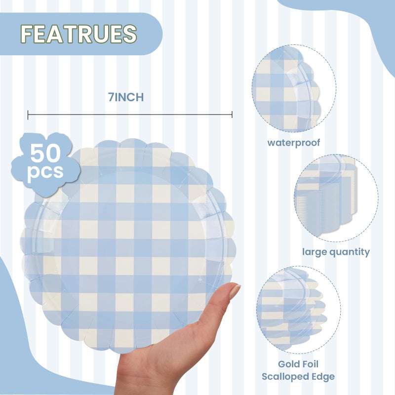 PUEVENYI 50PCS Light Blue Scalloped Paper Plates - 7Inch Striped Dessert Plates for Cake Salad Fruit Disposable Decorative Dinner Dessert Serving Plates for Birthday Baby Shower Wedding Party Supplies - Image 2