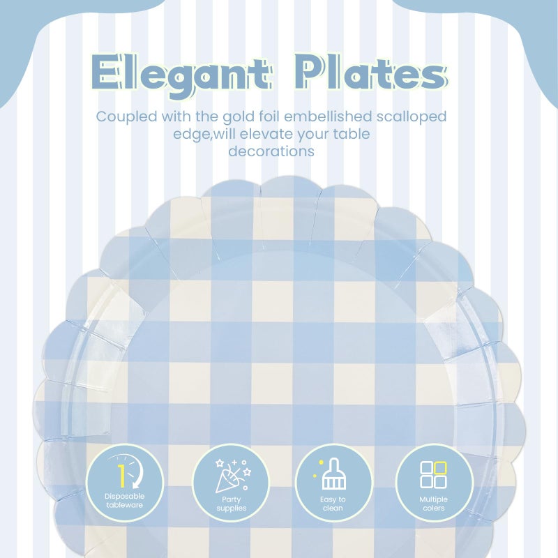 PUEVENYI 50PCS Light Blue Scalloped Paper Plates - 7Inch Striped Dessert Plates for Cake Salad Fruit Disposable Decorative Dinner Dessert Serving Plates for Birthday Baby Shower Wedding Party Supplies - Image 3