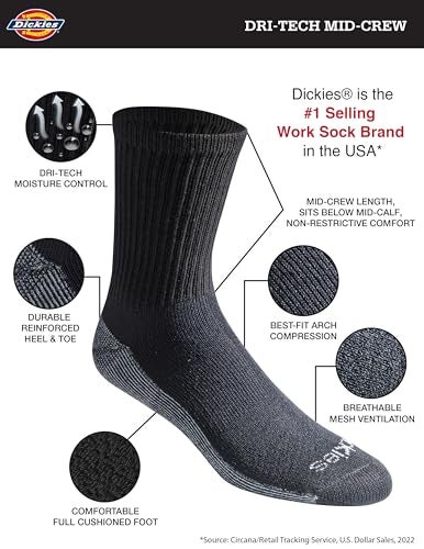 Dickies جوارب ديكي للرجال بطول ميد-كرو مع تقنية دري-تيك، متوفرة في مقاسات M-XL (6، 12 زوج)، طول مريح باللون الأسود (6 أزواج)، متوسط - Image 2