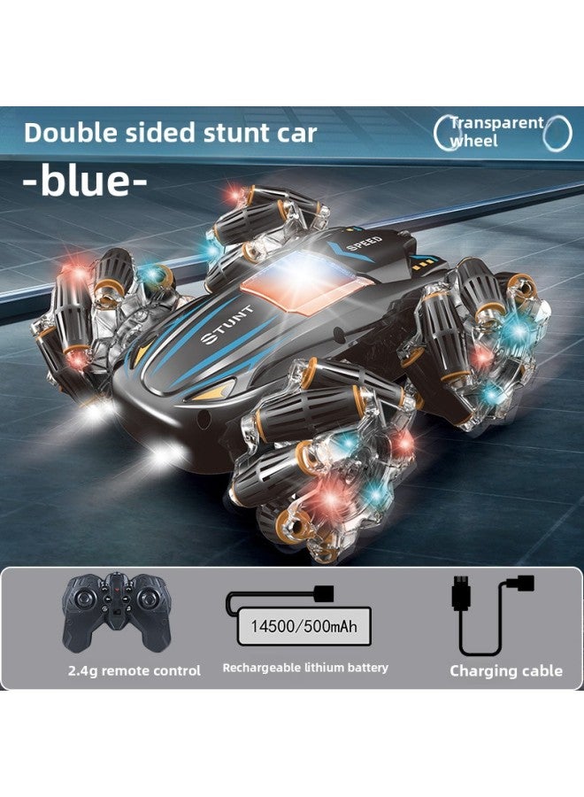 Four-wheel Drive Double-sided Stunt Drift Remote Control Car High-speed Off-road Vehicle Children's 2.4G Remote Control Stunt Car Toy-Color:Blue-double-sided Stunt Car [upgrade Wheel Lights + Music] Single Remote Control-Proportion:Chinese Color Box