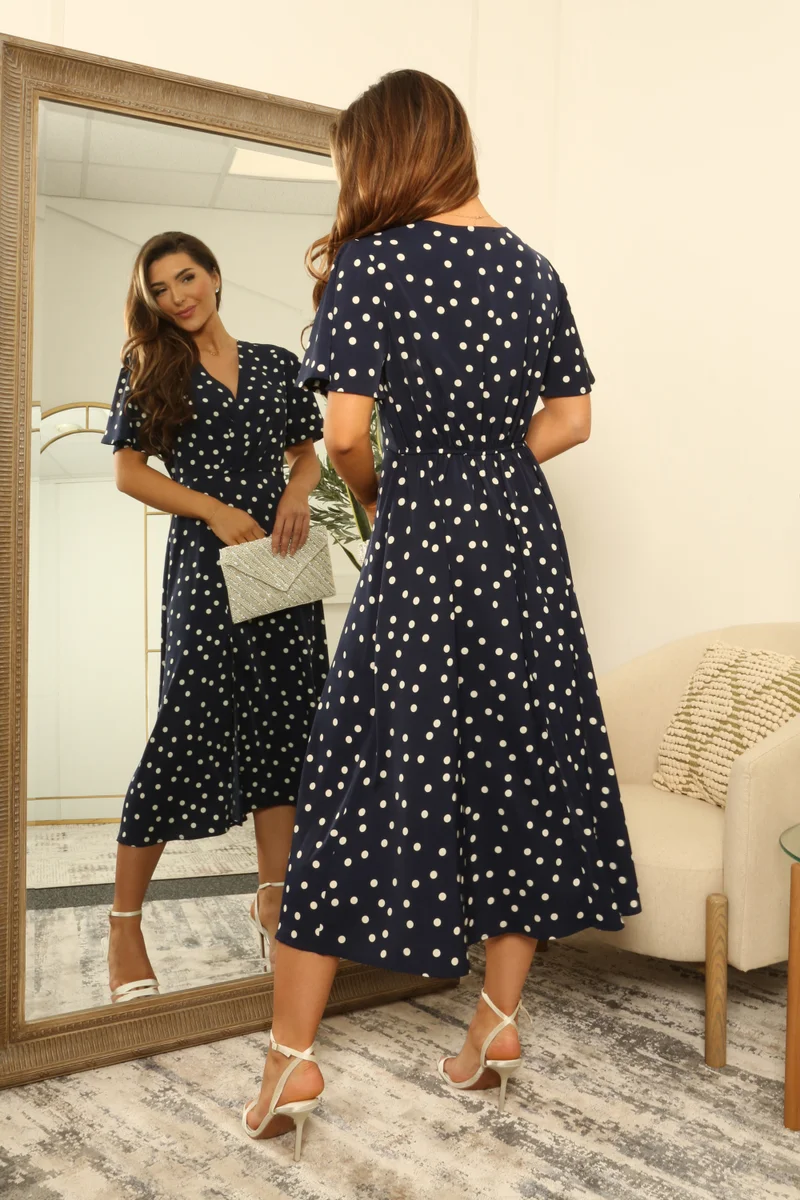 Double Second navy blue Midi Satin Wrap Dress with Split Skirt for Women | Best Price UAE