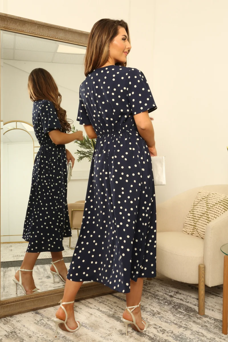 Double Second navy blue Midi Satin Wrap Dress with Split Skirt for Women | Best Price UAE