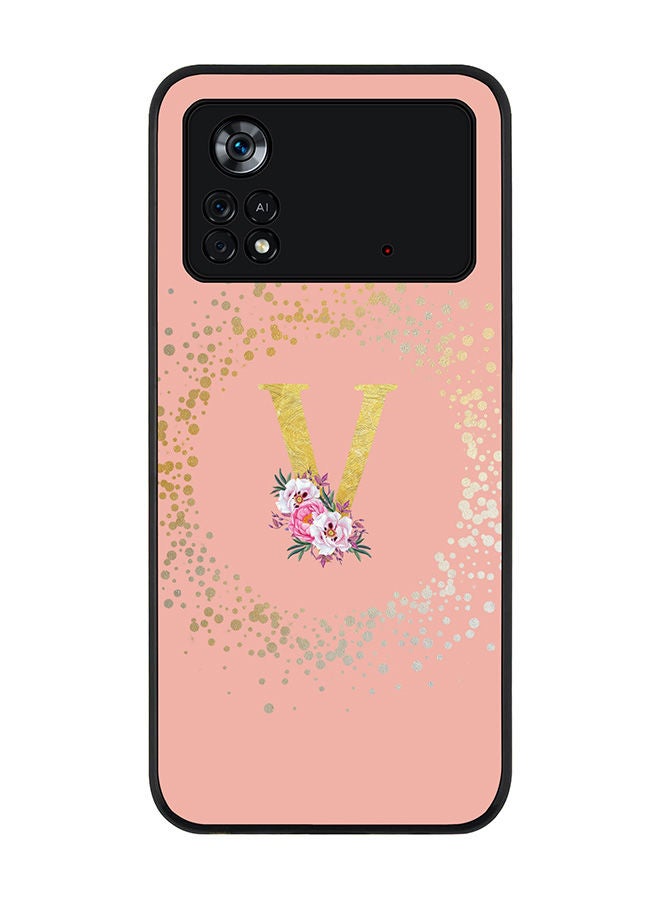 Stylizedd Rugged Black edge case for Poco M4 Pro 4G Slim fit Soft Case Flexible Rubber Edges Anti Drop TPU Gel Thin Cover - Custom Monogram Initial Letter Floral Pattern Alphabet - V (Rose Pink ) - Image 1