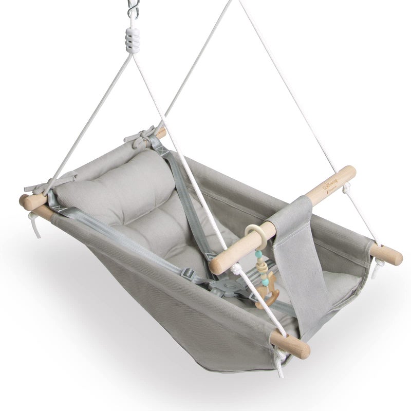 gladswing Baby Swing Indoor and Outdoor, Canvas Hammock Swing for Baby to Toddler with a Comfortable Seat, Macaroon Wooden Toy, Adjustable 5-Point Harness,3 Modes,Gift for Baby Boys Girls, Grey - Image 1