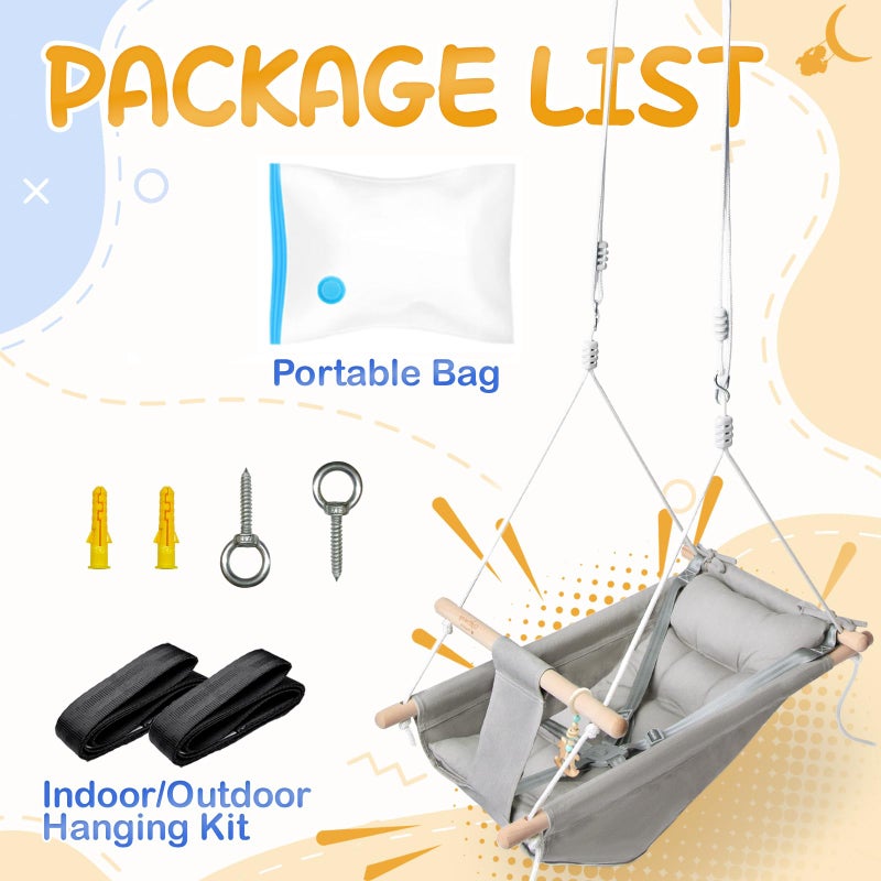 gladswing Baby Swing Indoor and Outdoor, Canvas Hammock Swing for Baby to Toddler with a Comfortable Seat, Macaroon Wooden Toy, Adjustable 5-Point Harness,3 Modes,Gift for Baby Boys Girls, Grey - Image 4