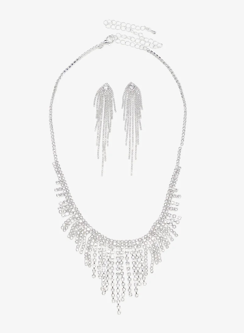 خزانة Silver Diamonte Rhinestone Drop Down Jewelry Set Necklace Earrings