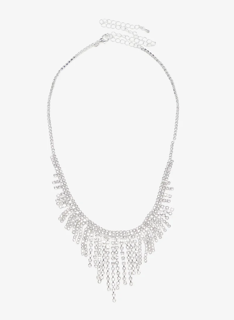 خزانة Silver Diamonte Rhinestone Drop Down Jewelry Set Necklace Earrings