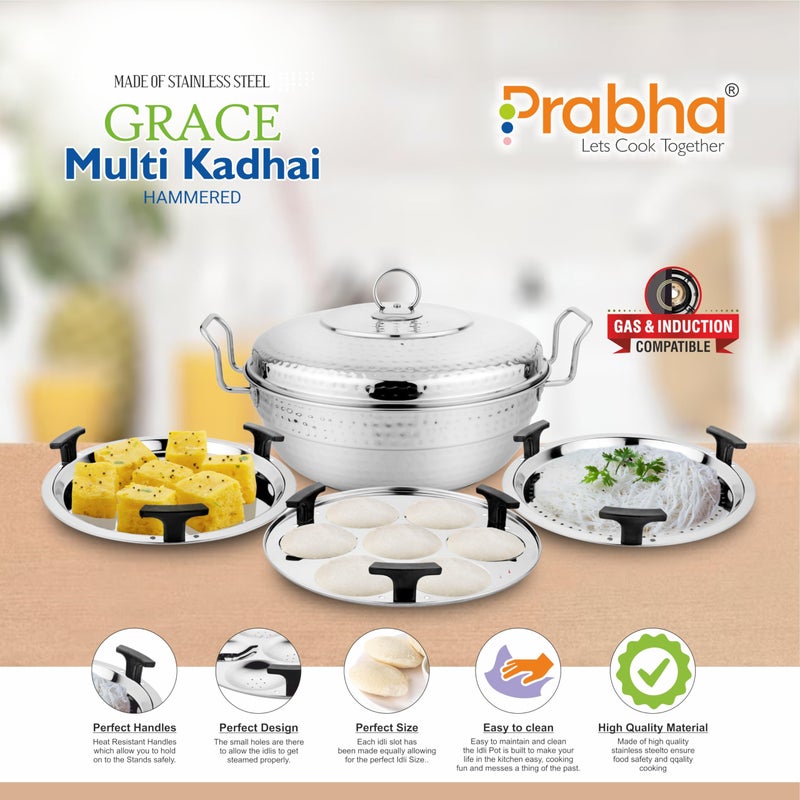 Prabha Stainless Steel Mini Hammered Multi Kadhai, Multi Use, Dhokla, Idli, Uttapam, Grace Induction Base, 20cm, 4 Plates, 2 Year Manufacturer Warranty - Image 2