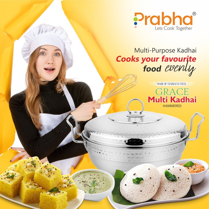 Prabha Stainless Steel Mini Hammered Multi Kadhai, Multi Use, Dhokla, Idli, Uttapam, Grace Induction Base, 20cm, 4 Plates, 2 Year Manufacturer Warranty - Image 3