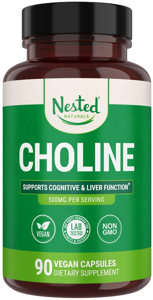 Nested Naturals Choline Bitartrate 500mg High Potency Choline Supplements Supports Cognitive Performance Liver Function 100 Vegan NonGMO Choline 90 Vegan Capsules