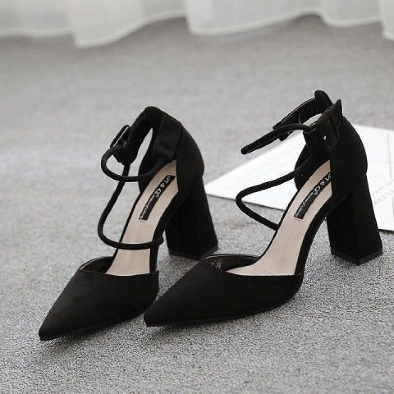 2024 Spring and Autumn New Arrival Pointed High Heels Womens Suede Chunky Heel Black Mid-Heel Sandals Strap Shoes Black
