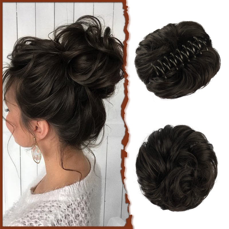SOFEIYAN Claw Clip Messy Bun Hair Piece Wavy Curly Hair Bun Clip in Claw Chignon Ponytail Hairpieces Synthetic Tousled Updo Hair Extensions Scrunchie Hairpiece for Women Darkest Brown Tend to Black