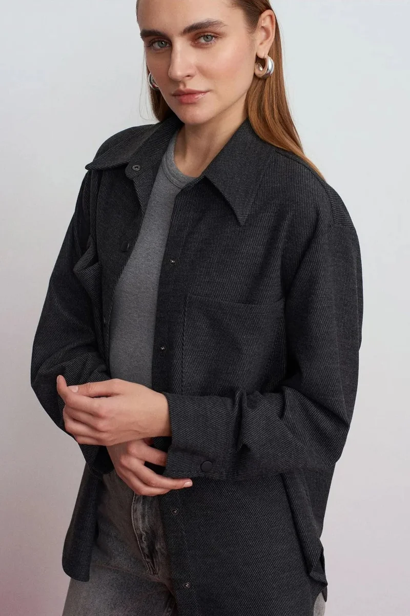 Dilvin Charcoal Grey DILVIN Oversized Long-Sleeve Knit Overshirt for Women | Best Price UAE