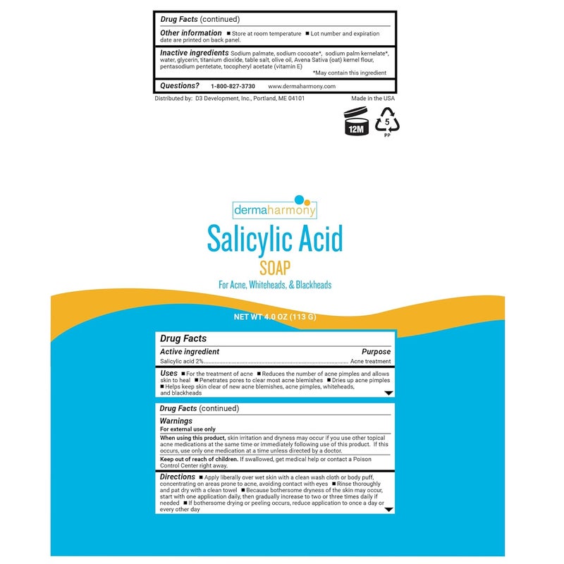 Dermaharmony 2 Salicylic Acid Body and Facial Bar Soap For Acne Whiteheads and Blackheads Three 4 oz Bars - Image 3