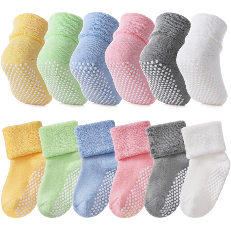SDBING Baby Boys Girls Grips Socks Infant Toddlers Kids Non Slip Warm Thick Cotton Ankle Crew Socks with Grippers (3-12 Months, 6 Pairs Colorful) - Image 1