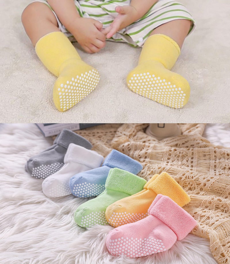 SDBING Baby Boys Girls Grips Socks Infant Toddlers Kids Non Slip Warm Thick Cotton Ankle Crew Socks with Grippers (3-12 Months, 6 Pairs Colorful) - Image 2