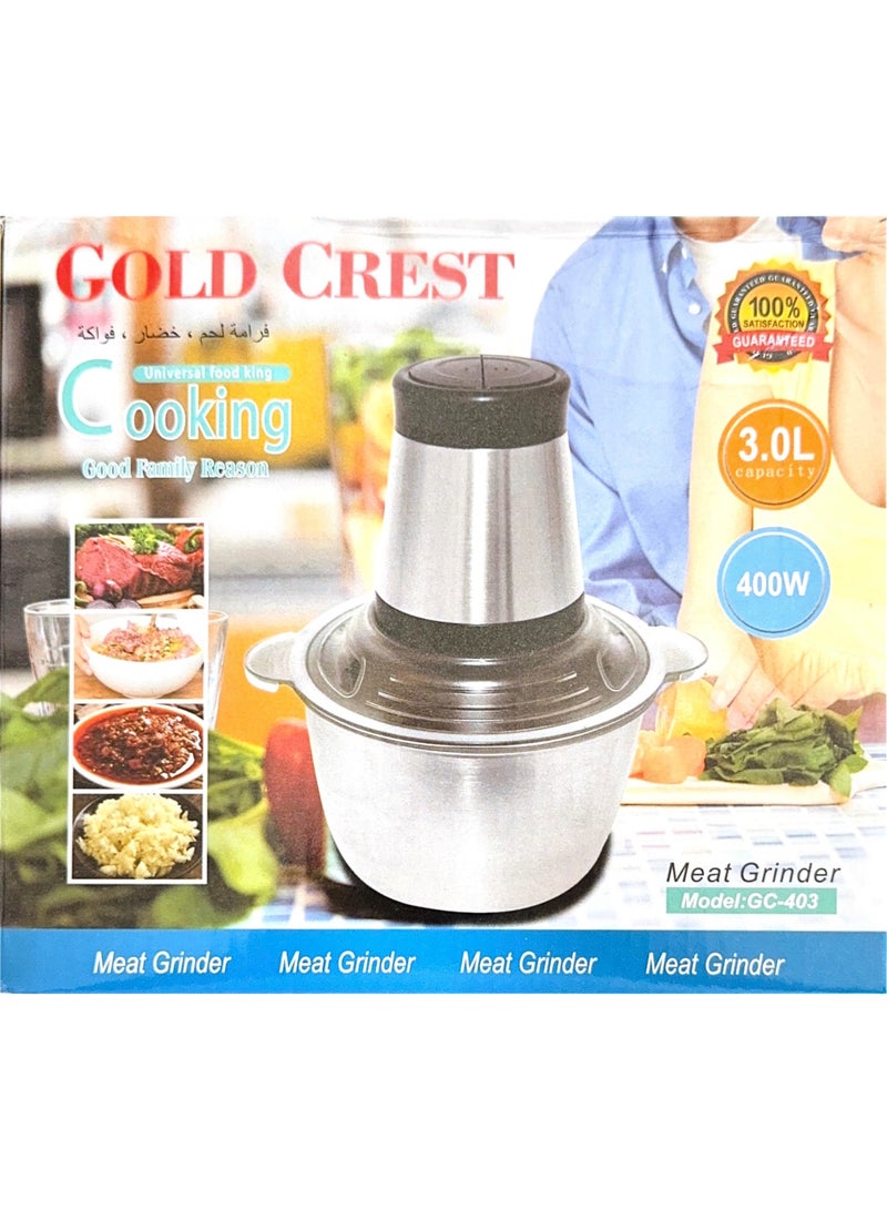 Gold Crest Electric Meat Chopper Grinder 3 Litre 400W with two variable speed Stainless Steel Bowl Food Processor for Meat Vegetables Onion Ginger Garlic Mincer Blender for Home / Restaurants / Kitchen, GC-403 - Image 2