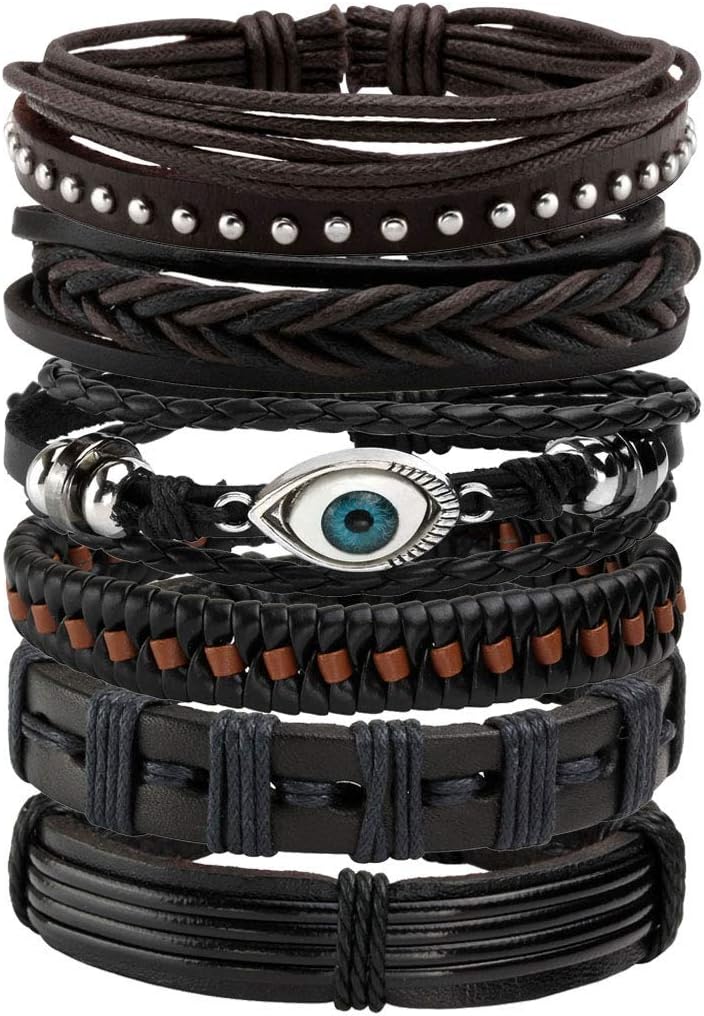 Mafnee Store Manfnee 6-12PCS Braided Faux Leather Bracelet Punk Cuff Wrap Bracelets for Men Women Adjustable - Image 1