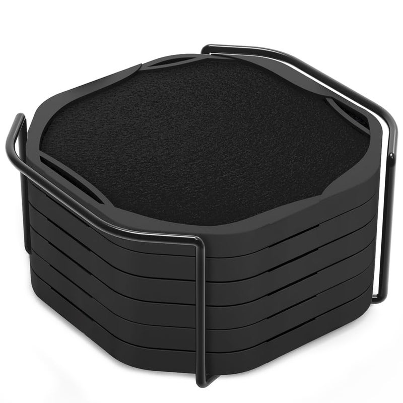 UMIRRO Black Octagon 4" Felt & Silicone Drink Cup Coasters Set of 6 with Holder - Super Absorbent, Built-in Leak Protection, Non-Stick, Modern Coasters for Coffee Table, Desk & Home Decor - Image 1